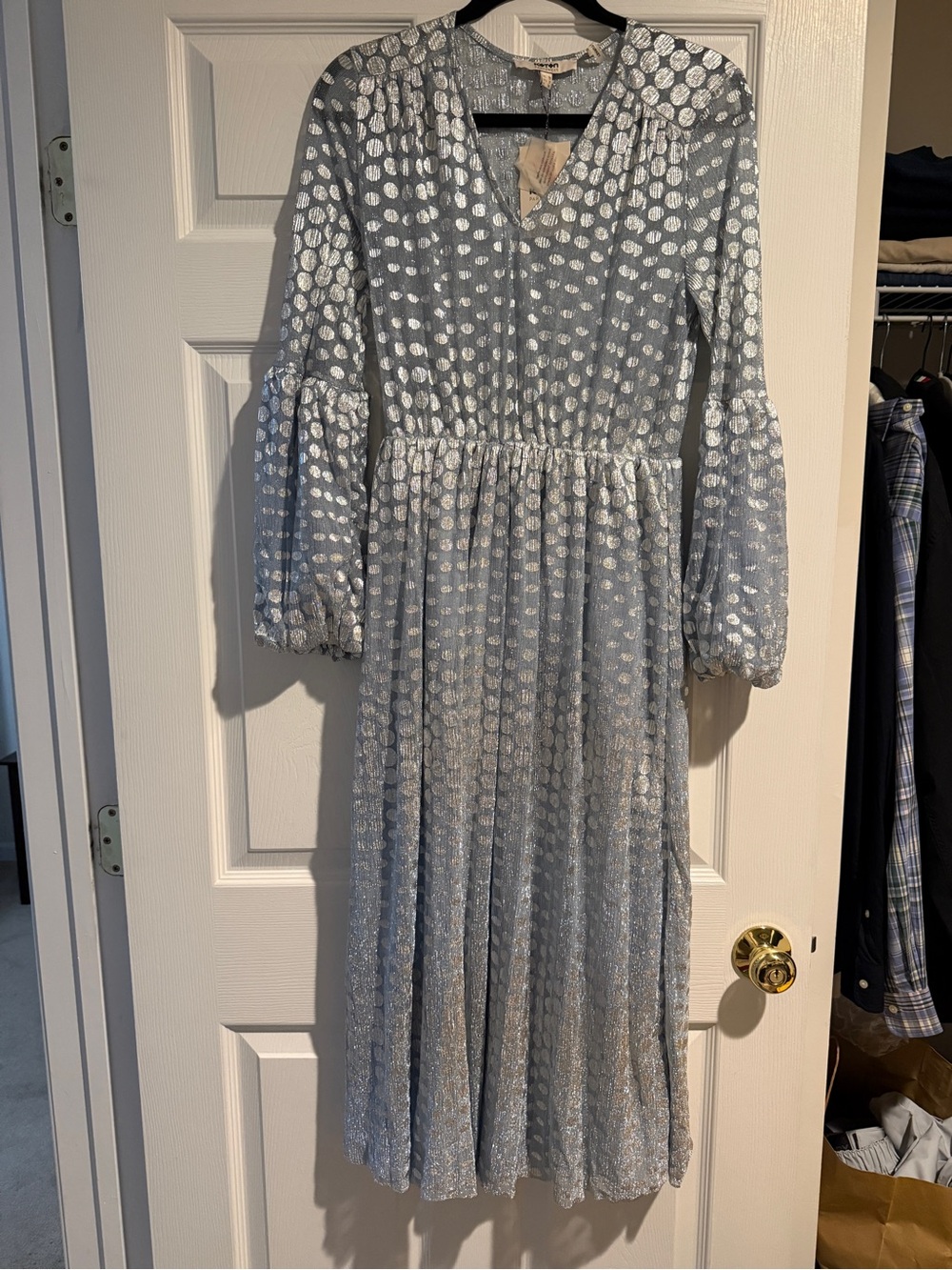 Shimmery Silver Polka Dot Midi Dress